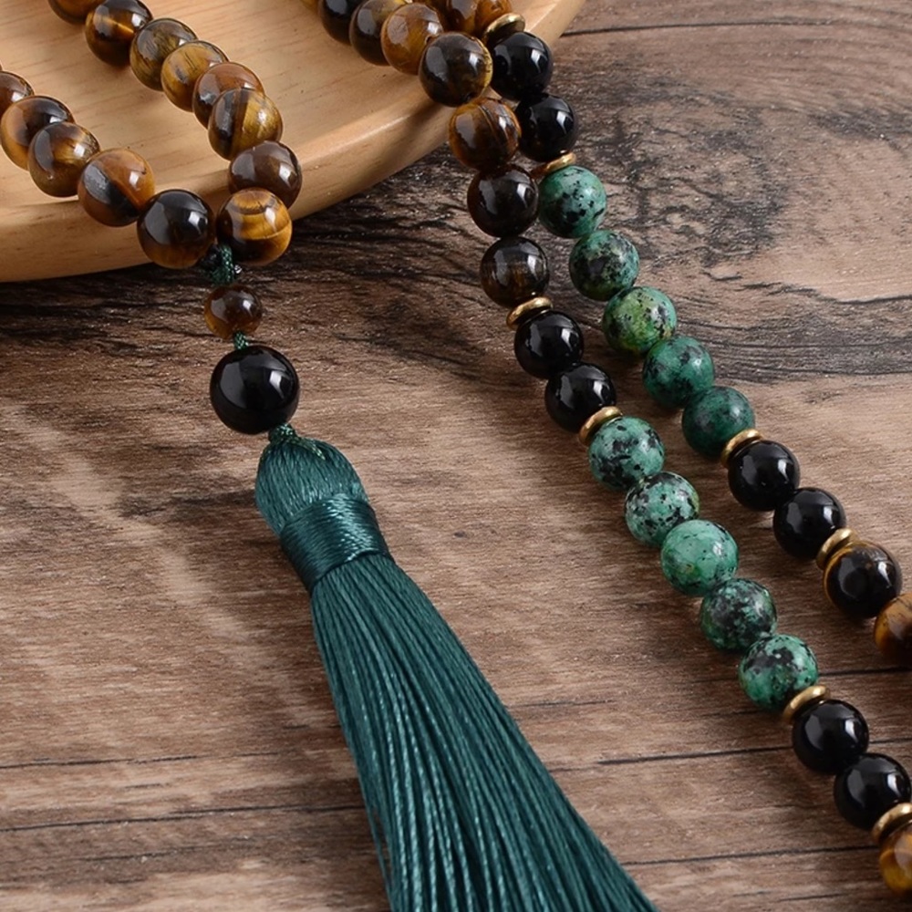 African turquoise, obsidian and tigers eye mala and bracelet set - Picture 4 of 4